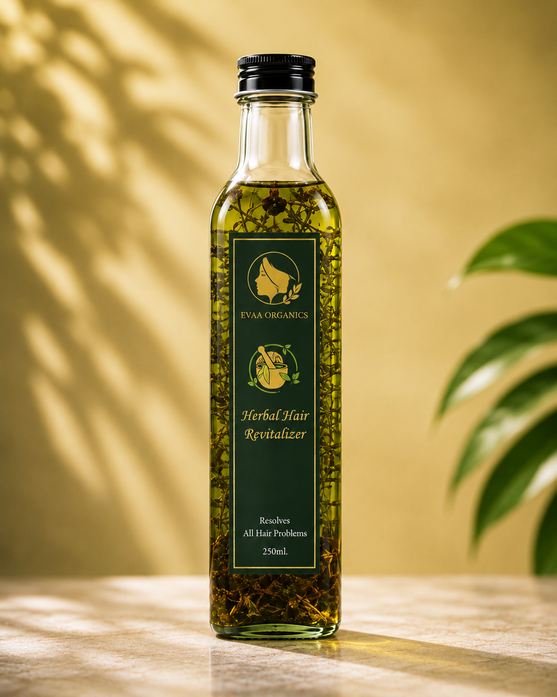 Evaa Organics Herbal Hair Vitalizer botanical scalp nourishing oil in premium glass bottle