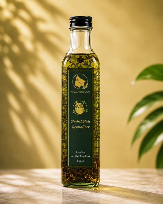 Evaa Organics Herbal Hair Vitalizer botanical scalp nourishing oil in premium glass bottle
